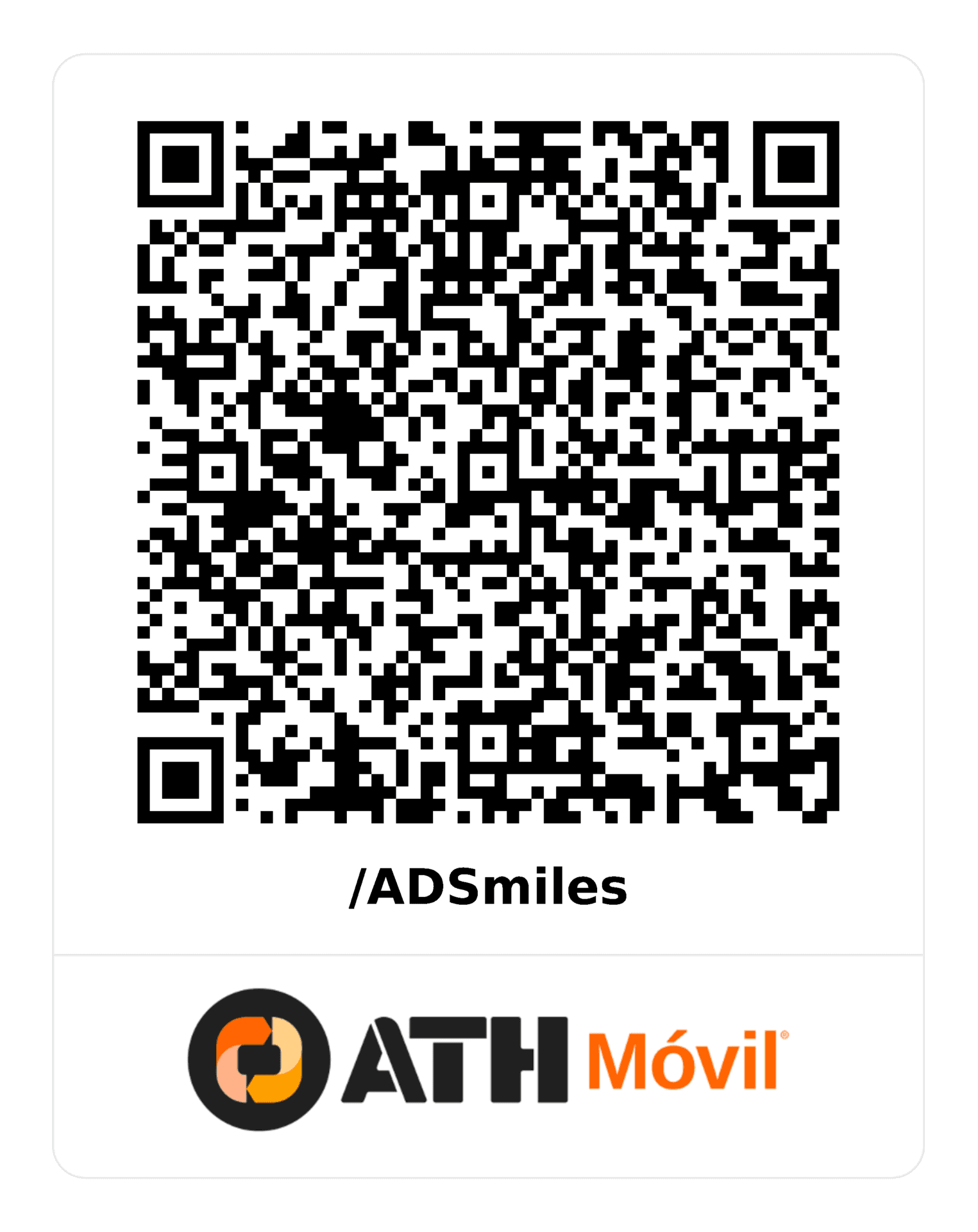 ATH Móvil donation QR code for America Developing Smiles, handle /ADSmiles